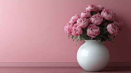 A bouquet of vibrant pink peonies elegantly arranged in a white ceramic vase, set against a soft pink background, creating a harmonious and sophisticated floral composition
