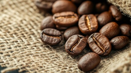 Fototapeta premium Roasted coffee beans in burlap sack. Close up view. Possible use for coffee advertisement or food blog