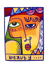 Aesthetic abstract face portrait people geometric decorative doodle hand drawn vector illustration. Artistic design art print, wall art, cards and poster.