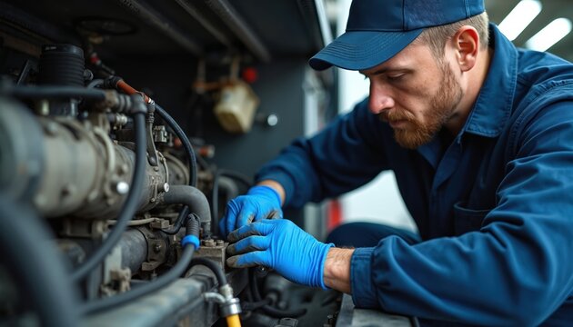Mechanic repairs truck engine in service station. Man in blue uniform, gloves under bonnet fixes motor. Automotive technician works, maintenance, repair, labor, skill, safety, expertise, diligence,