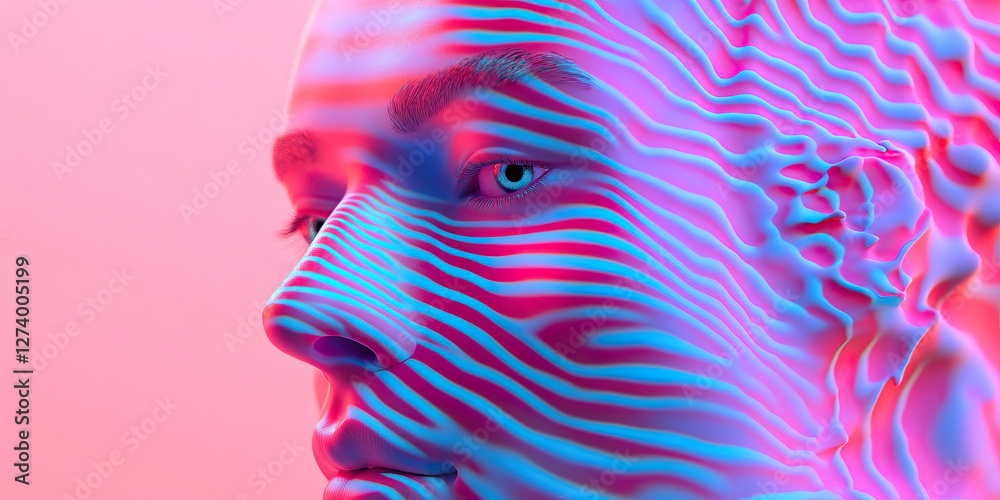Poster three-dimensional render of face with wavy line pattern