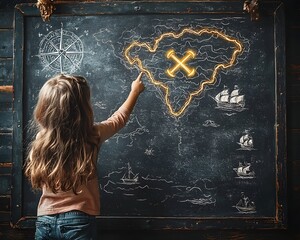 Glowing Treasure Map Drawn on Chalkboard Child Pointing to Spot