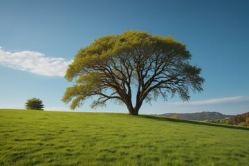 Obraz premium there is a lone tree in a grassy field with a blue sky