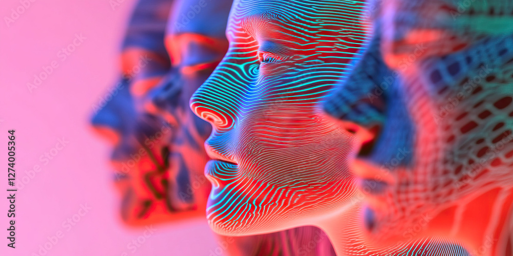 Poster digital rendering of three profiled faces with line textures