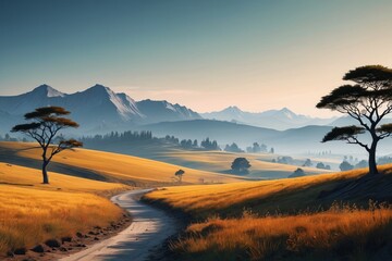 Obraz premium there is a dirt road going through a grassy field with trees