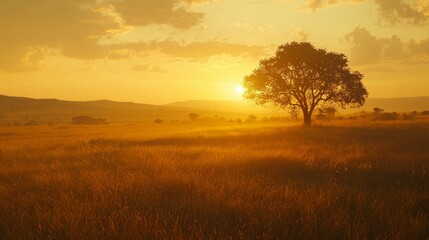 Obraz premium Tranquil Sunset Over Golden Grassland with Solitary Tree Silhouette