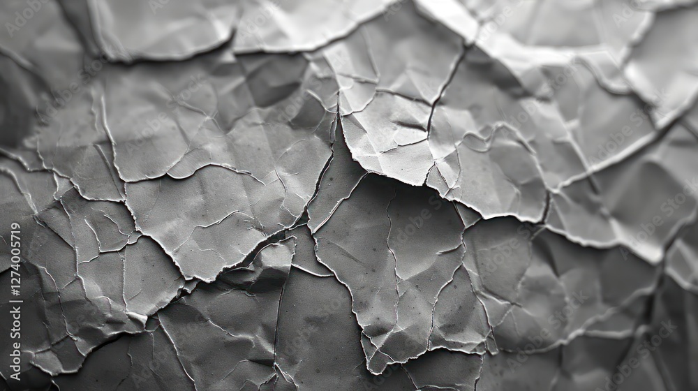 Poster close-up of crumpled paper texture in grayscale, showcasing intricate details and patterns.