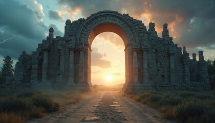 Antique arch with pillars leads to another world. Magical place with ancient runes. Natural landscape, sunset. Stone gate portal with glow. Fantasy scenery. Gothic entrance architecture. © miss irine