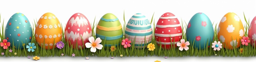 Panoramic Easter illustration features colorful decorated eggs border on transparent background with vibrant grass, flowers. Spring festive panorama appropriate for holiday banners and cards.