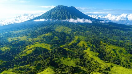 Fototapeta premium Stunning Aerial View of Majestic Green Volcano in Lush Landscape