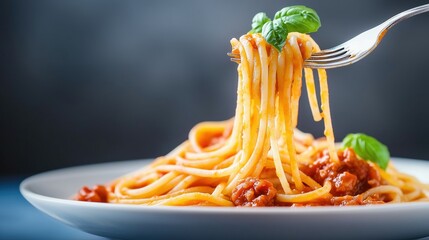 Delicious spaghetti with meat sauce, fresh basil, and a fork, presented on a white plate