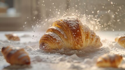 A freshly baked croissant dusted with flour, showcasing its flaky layers and inviting texture.