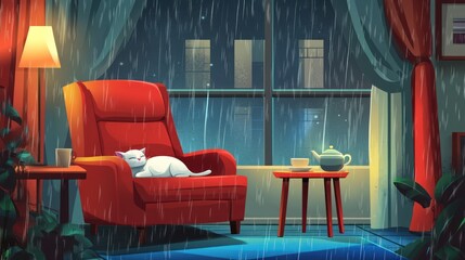 Rainy Night Cat in Cozy Living Room, Interior View