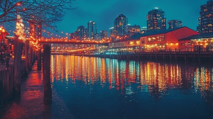 Fototapeta premium Vibrant Waterfront City Scene with Reflections at Twilight Hours