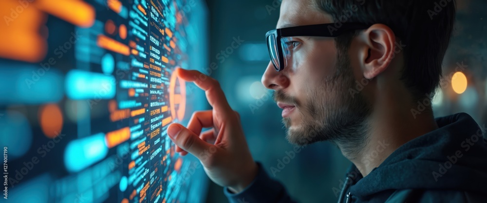 Aufkleber Man interacts with AI on screen. Person touches command prompt for generating data using artificial intelligence. Tech worker presses virtual buttons. Modern technologies, machine learning, smart
