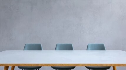 A minimalist dining setup featuring a sleek white table and three modern, light blue chairs against a textured gray wall.