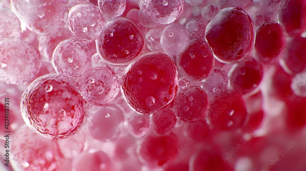 Poster macro view of pink and red bubbles creating abstract background with soft bokeh effect and transluce