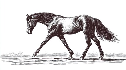 Elegant horse walking, pasture background, equine art, equestrian print