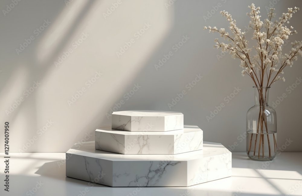 Aufkleber three white marble hexagonal podiums on simple background for product display. pedestal showcase pla