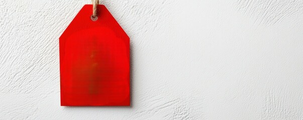 A bright red tag hangs against a textured white background, creating a simple yet striking visual contrast.