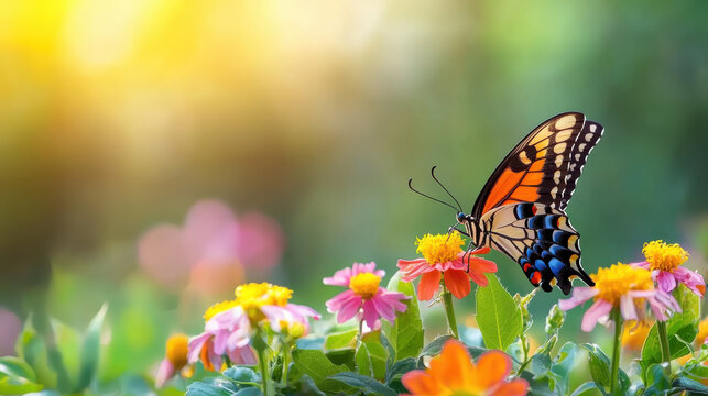 colorful butterfly resting on blooming flowers in vibrant garden, showcasing nature beauty and tranquility