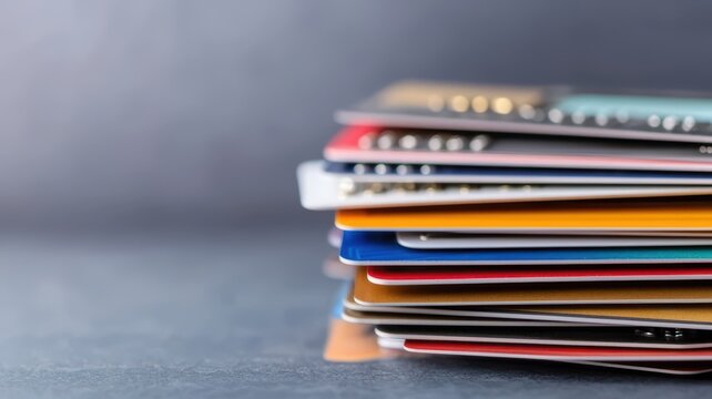 A colorful stack of various credit and debit cards arranged neatly, highlighting their designs against a dark background.
