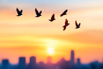 Birds in Flight at Sunset Cityscape - Silhouetted birds soar against a vibrant sunset, symbolizing freedom, hope, peace, journey, and new beginnings. City skyline in soft focus below