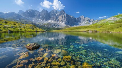 Fototapeta premium Serene mountain landscape with clear water reflecting the sky and rocky peaks.