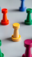 A vibrant yellow game piece stands out among colorful counterparts, symbolizing individuality and competition in a playful setting.