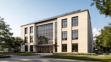 A modern four-story high school building with a light beige stone facade and large, angular windows. 