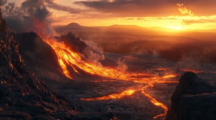 Fototapeta premium Majestic Lava Flow During Sunset in Dramatic Volcanic Landscape