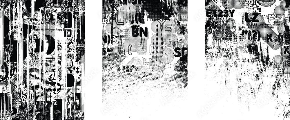 Poster Background with glitch distorted grunge textures . grunge background texture with halftone dots, glitched shapes, textures and lines .Screen print vector background with grunge textured surface.