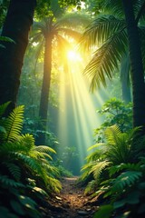 Naklejka premium Summer sun shining through jungle foliage with ferns and palms, tree branches, sunlight filtering, tropical background