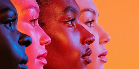 Fototapeta premium Profile Portraits of Three Women with Diverse Skin Tones under Colored Lighting