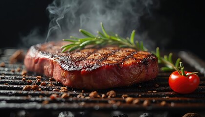 Juicy beef steak cooked rare with grill marks, rosemary and tomato cherry. Perfect Valentine day dinner for two, enjoy mouth-watering food on romantic date.