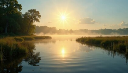 Obraz premium Sunlit reflections on calm waters of a marshy lake, waters, ripples