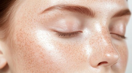 Close-up of a person's face with visible skin texture, showcasing natural imperfections and healthy glow, representing authenticity and self-confidence in beauty.	