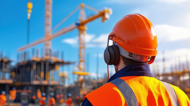 A construction worker in an orange safety helmet and vest, wearing headphones, observes a building site with cranes and workers in the background under a blue sky.