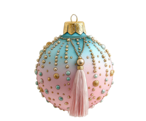 A blue and pink ornament with gold trim and a tassel hanging from it. The ornament is decorated with small gold beads and has a shiny, polished appearance