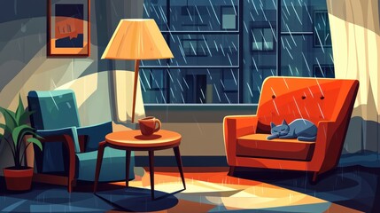 Rainy day living room interior, cozy scene, relaxing atmosphere, possible use for home decor inspiration