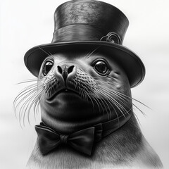 Cute Old School Style Serious Seal in a dapper hat, sepia, gangster vibe, peaky blinders