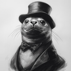 Cute Old School Style Happy Seal in a dapper hat, sepia, gangster vibe, peaky blinders