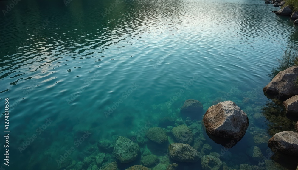 Aufkleber Overhead view of calm, turquoise water with rocks at shore. Ripples create abstract pattern on lake surface. Clear water reveals stones under. Natural tranquil scene perfect for background or texture.