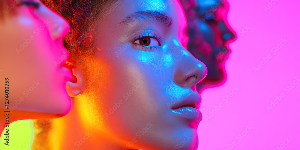 Wall mural Three Female Faces in Neon Lighting