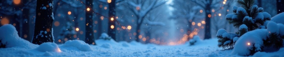 Winter wonderland scene with twinkling stars and bokeh lights, winter, frosty, icy