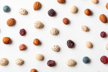 An assortment of mixed nuts and dried fruits scattered on a white background, showcasing their vibrant colors, textures, and natural nutrition.