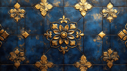 Patterned wallpaper with symmetrical Moroccan-inspired designs in deep blue and gold