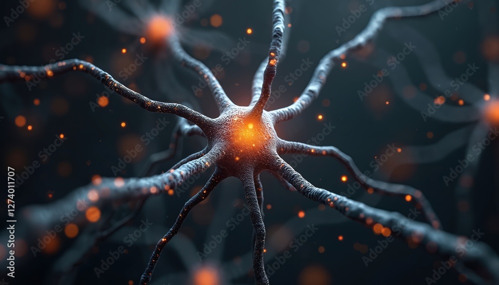 Poster illustration of nerve cells sending electrical signals in brain for neural activities. neuron cell n