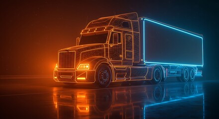 Digital Truck Transporting Data on City Road at Night