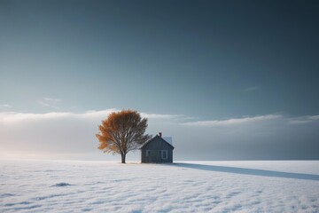 there is a lone tree in the middle of a snowy field